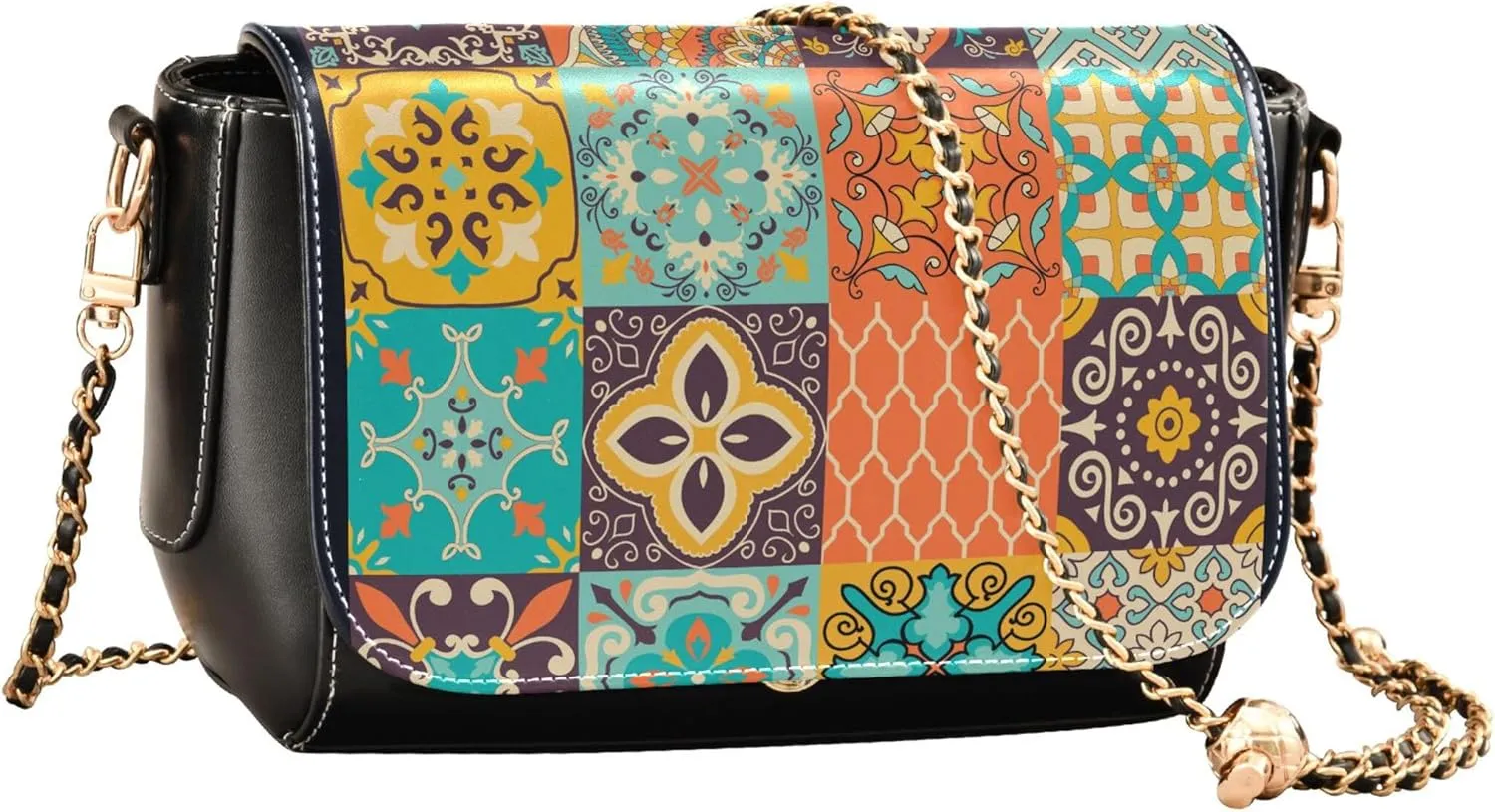 Embroidered Wavy Bohemian Print Women Crossbody Bag Purses Black Shoulder Leather Bags Handbags with Chain Strap