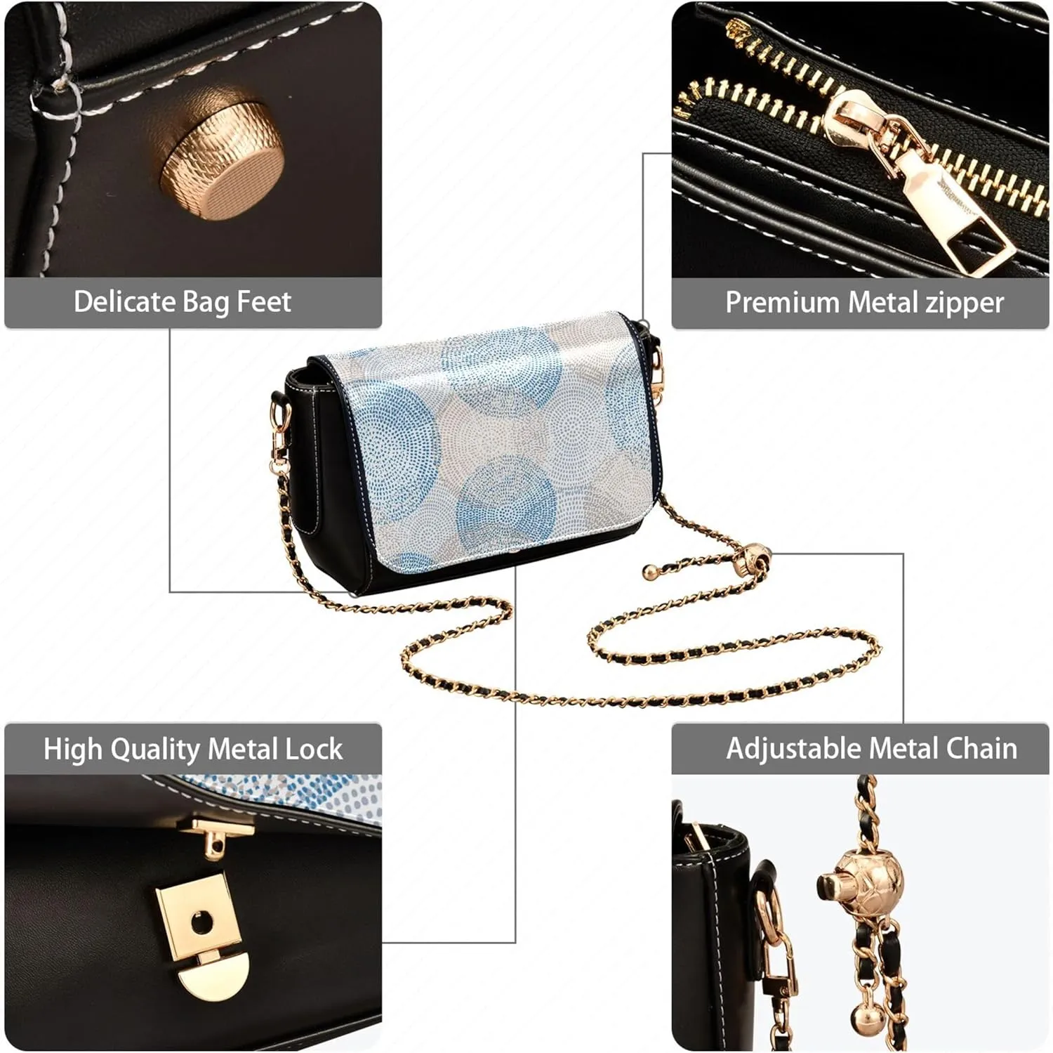 Embroidered Wavy Bohemian Print Women Crossbody Bag Purses Black Shoulder Leather Bags Handbags with Chain Strap