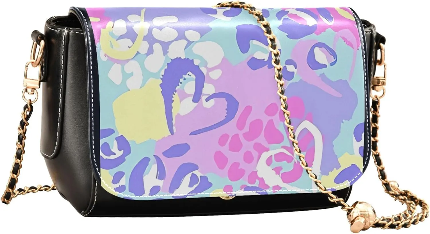 Embroidered Wavy Bohemian Print Women Crossbody Bag Purses Black Shoulder Leather Bags Handbags with Chain Strap