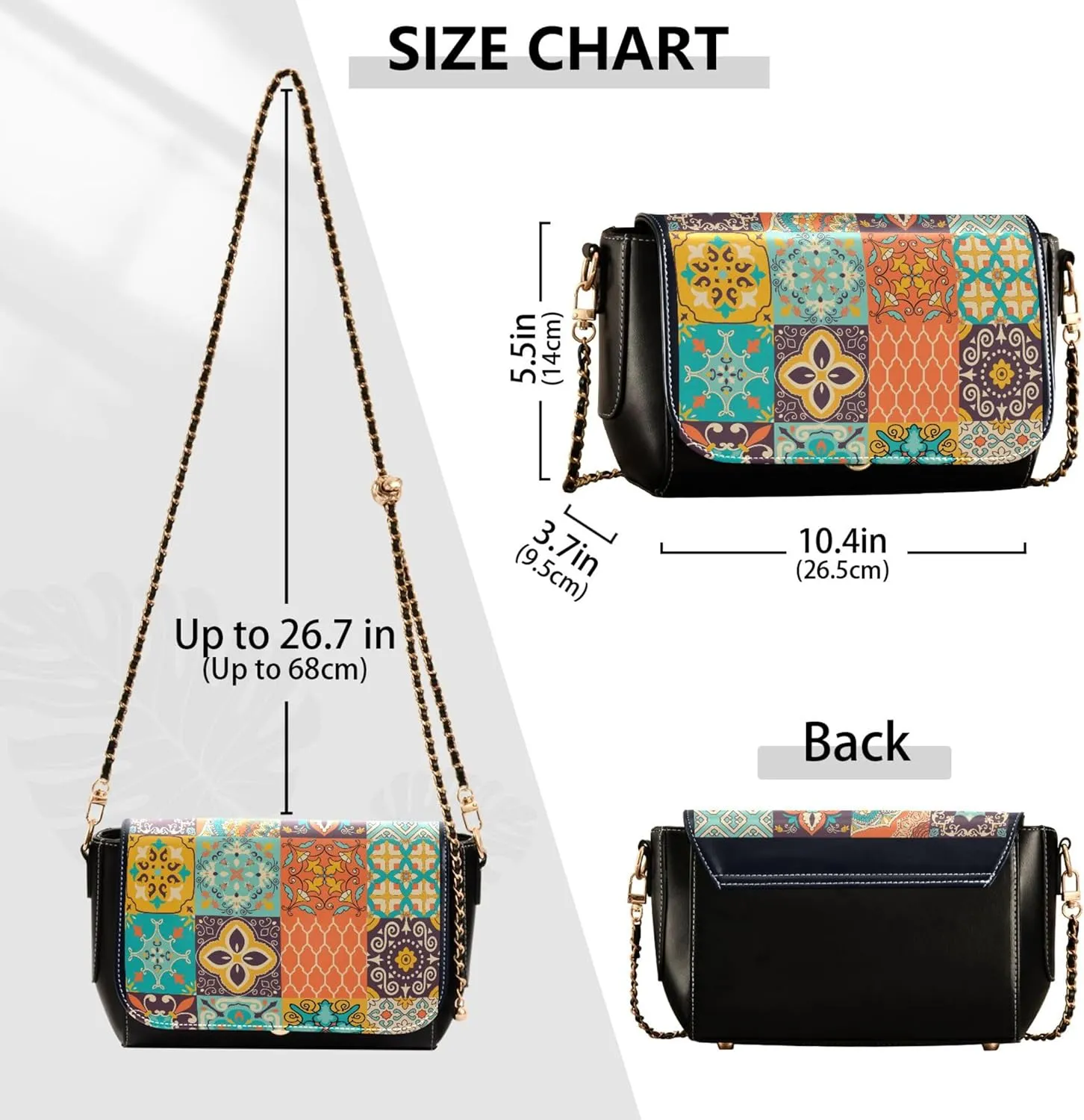 Embroidered Wavy Bohemian Print Women Crossbody Bag Purses Black Shoulder Leather Bags Handbags with Chain Strap