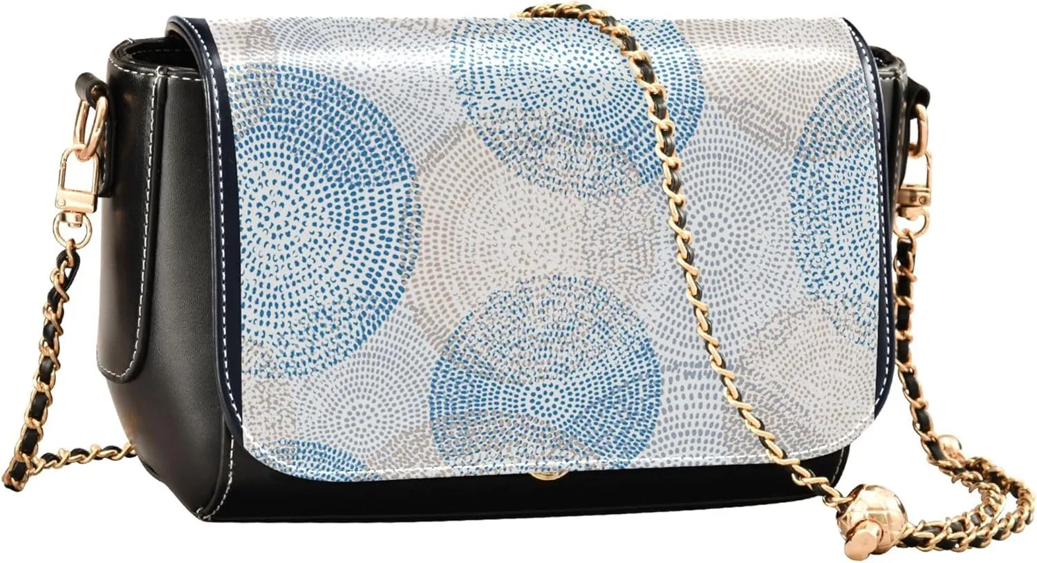 Embroidered Wavy Bohemian Print Women Crossbody Bag Purses Black Shoulder Leather Bags Handbags with Chain Strap