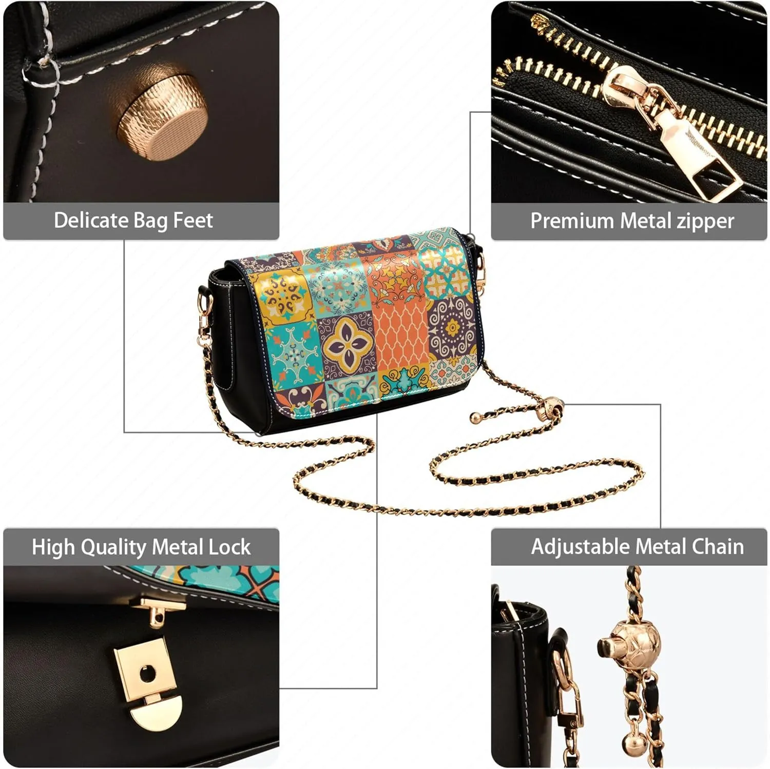 Embroidered Wavy Bohemian Print Women Crossbody Bag Purses Black Shoulder Leather Bags Handbags with Chain Strap