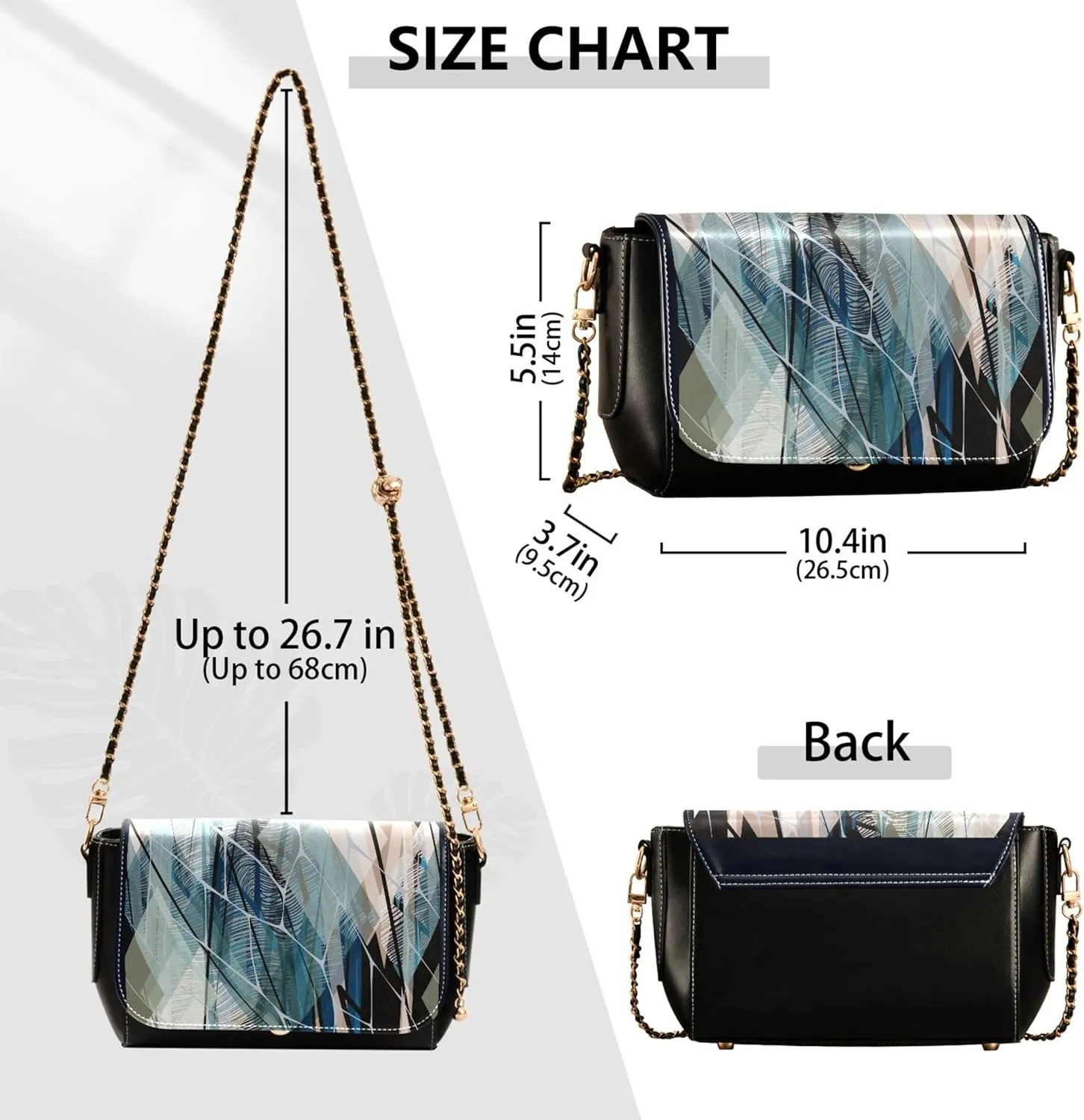 Embroidered Wavy Bohemian Print Women Crossbody Bag Purses Black Shoulder Leather Bags Handbags with Chain Strap