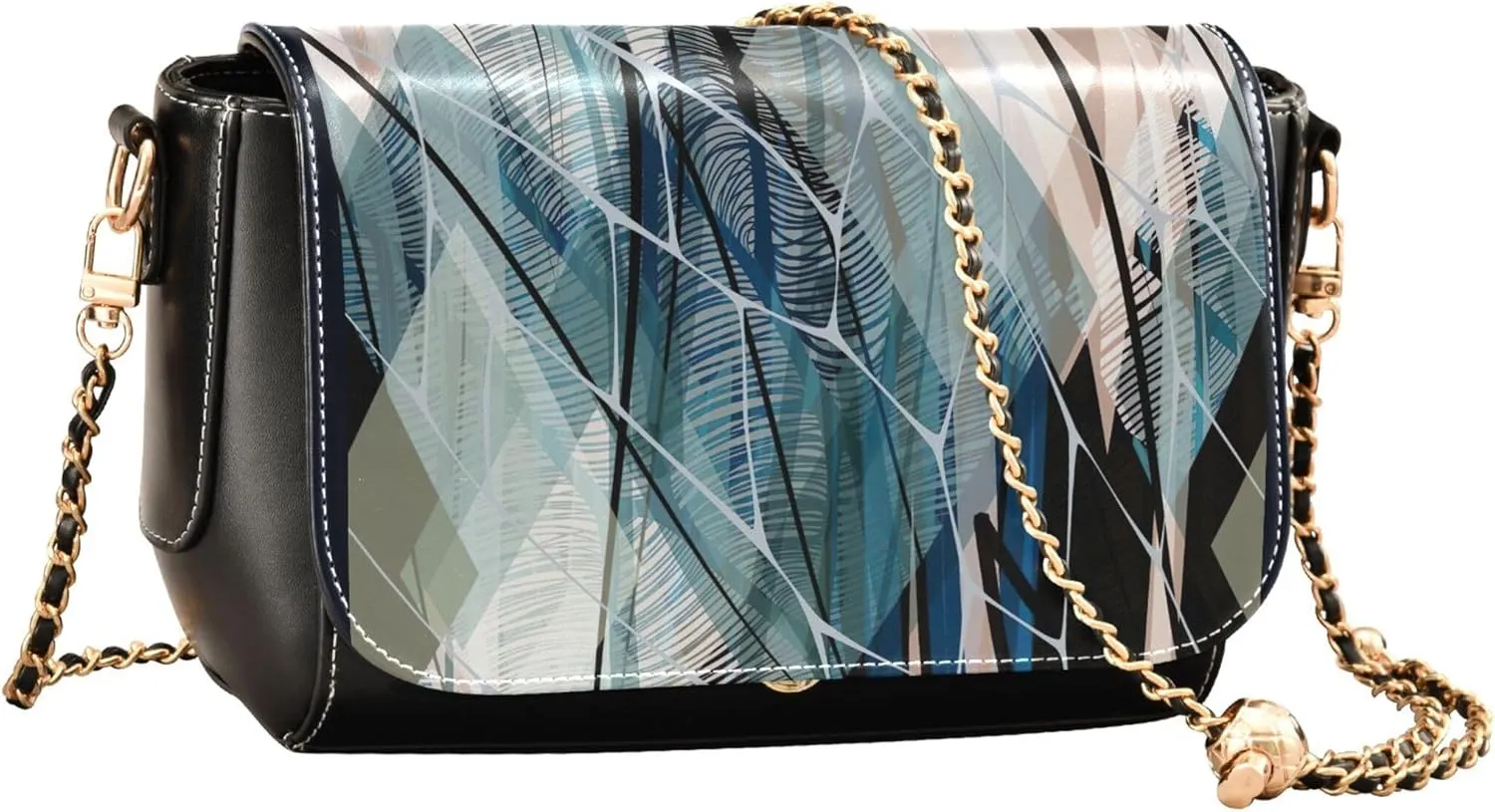 Embroidered Wavy Bohemian Print Women Crossbody Bag Purses Black Shoulder Leather Bags Handbags with Chain Strap