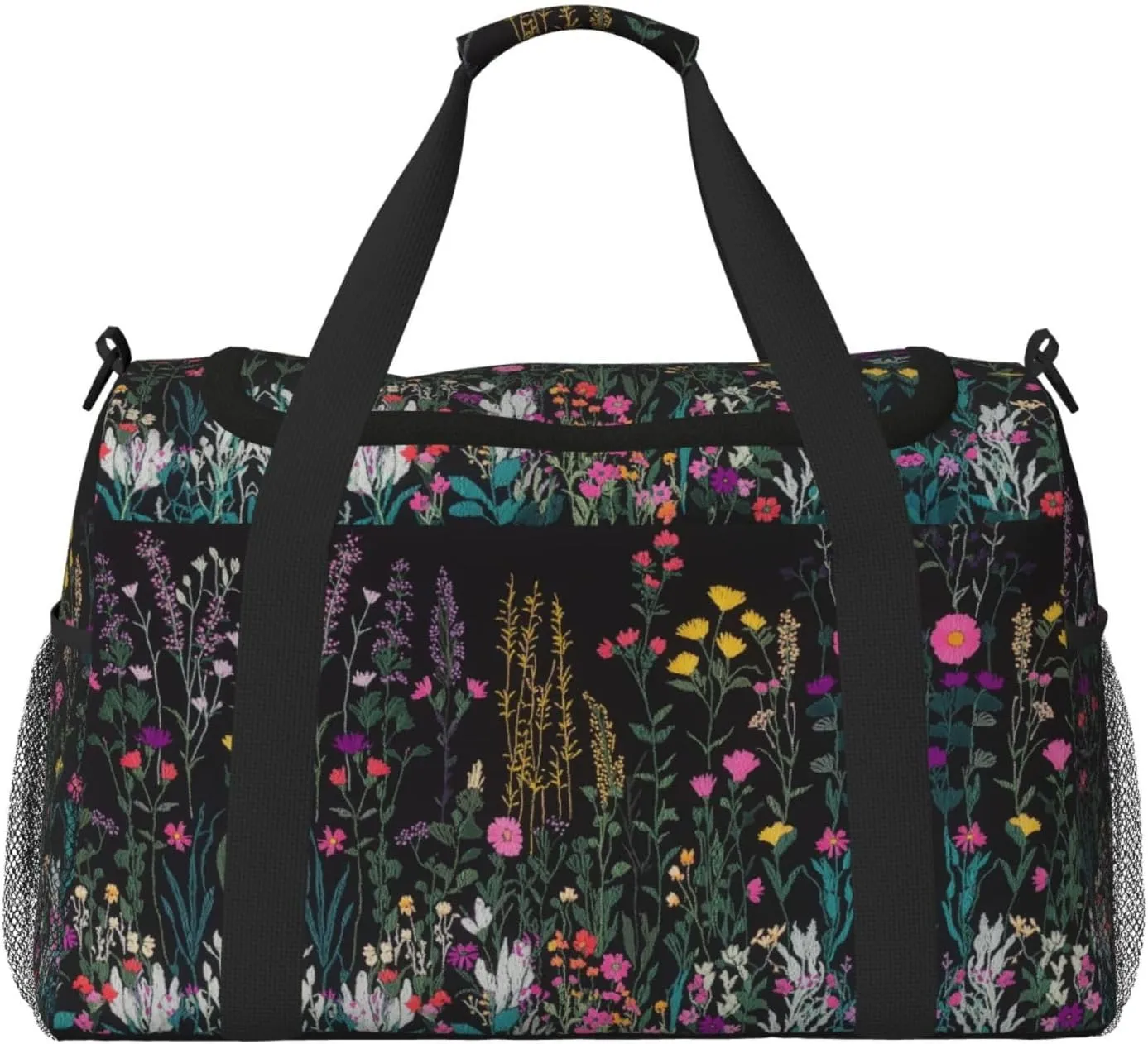 Embroidered Wild Flowers Duffle Bag Foldable Travel Tote Bag Carry On Large Weekender Overnight Bags Waterproof Gym Bag For Women Men