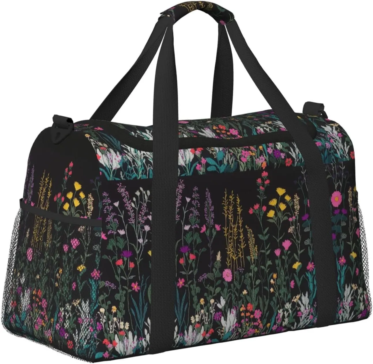 Embroidered Wild Flowers Duffle Bag Foldable Travel Tote Bag Carry On Large Weekender Overnight Bags Waterproof Gym Bag For Women Men