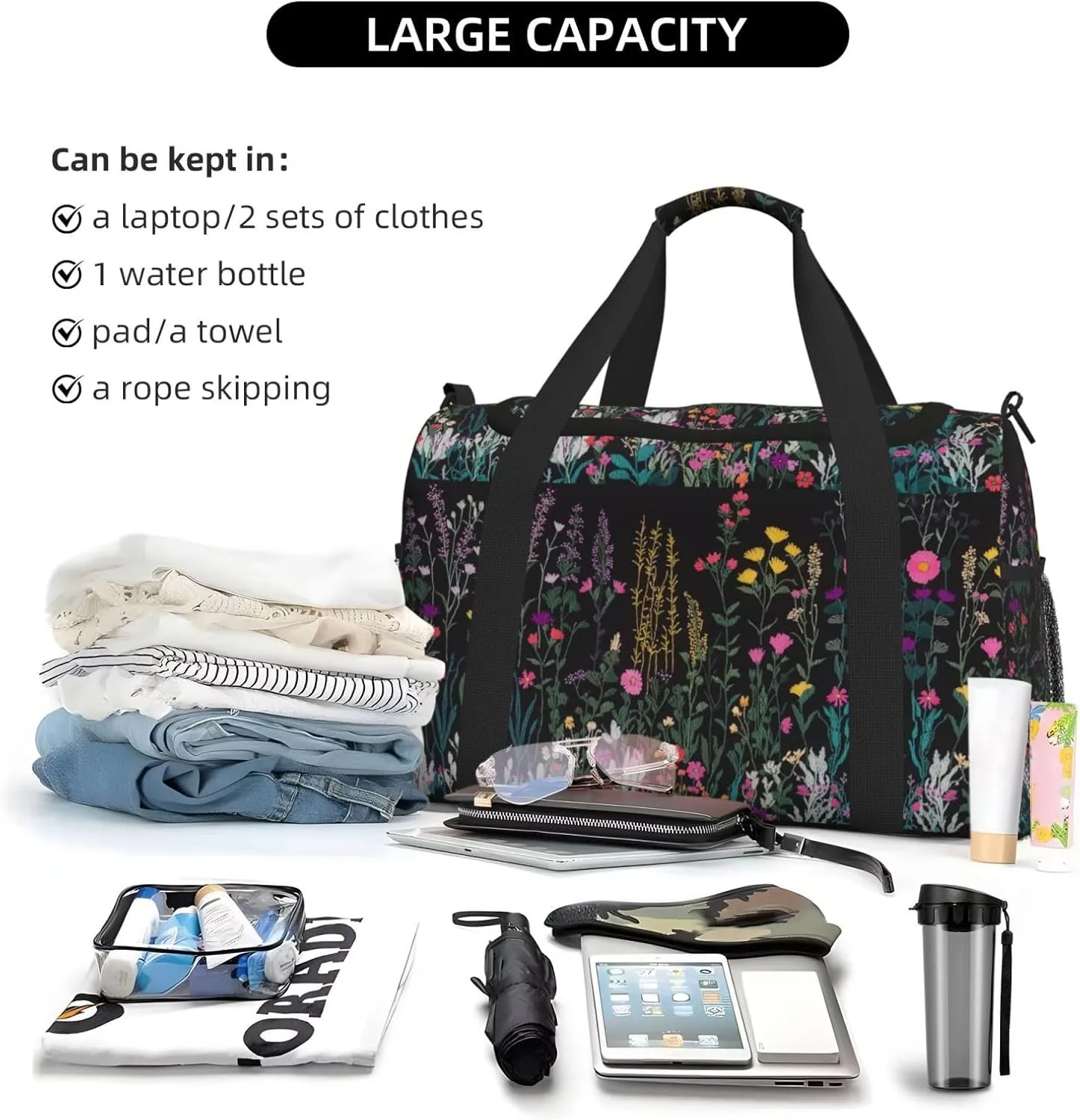 Embroidered Wild Flowers Duffle Bag Foldable Travel Tote Bag Carry On Large Weekender Overnight Bags Waterproof Gym Bag For Women Men