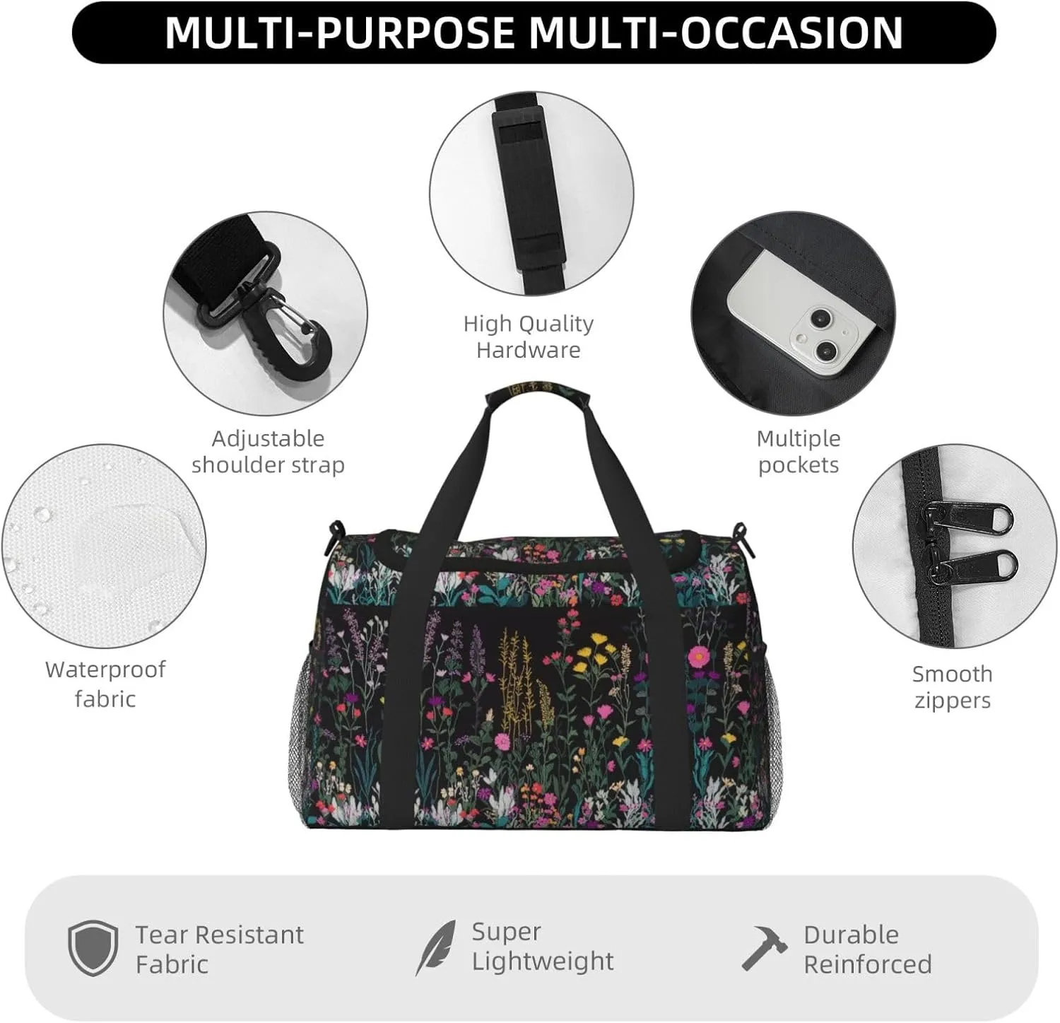Embroidered Wild Flowers Duffle Bag Foldable Travel Tote Bag Carry On Large Weekender Overnight Bags Waterproof Gym Bag For Women Men
