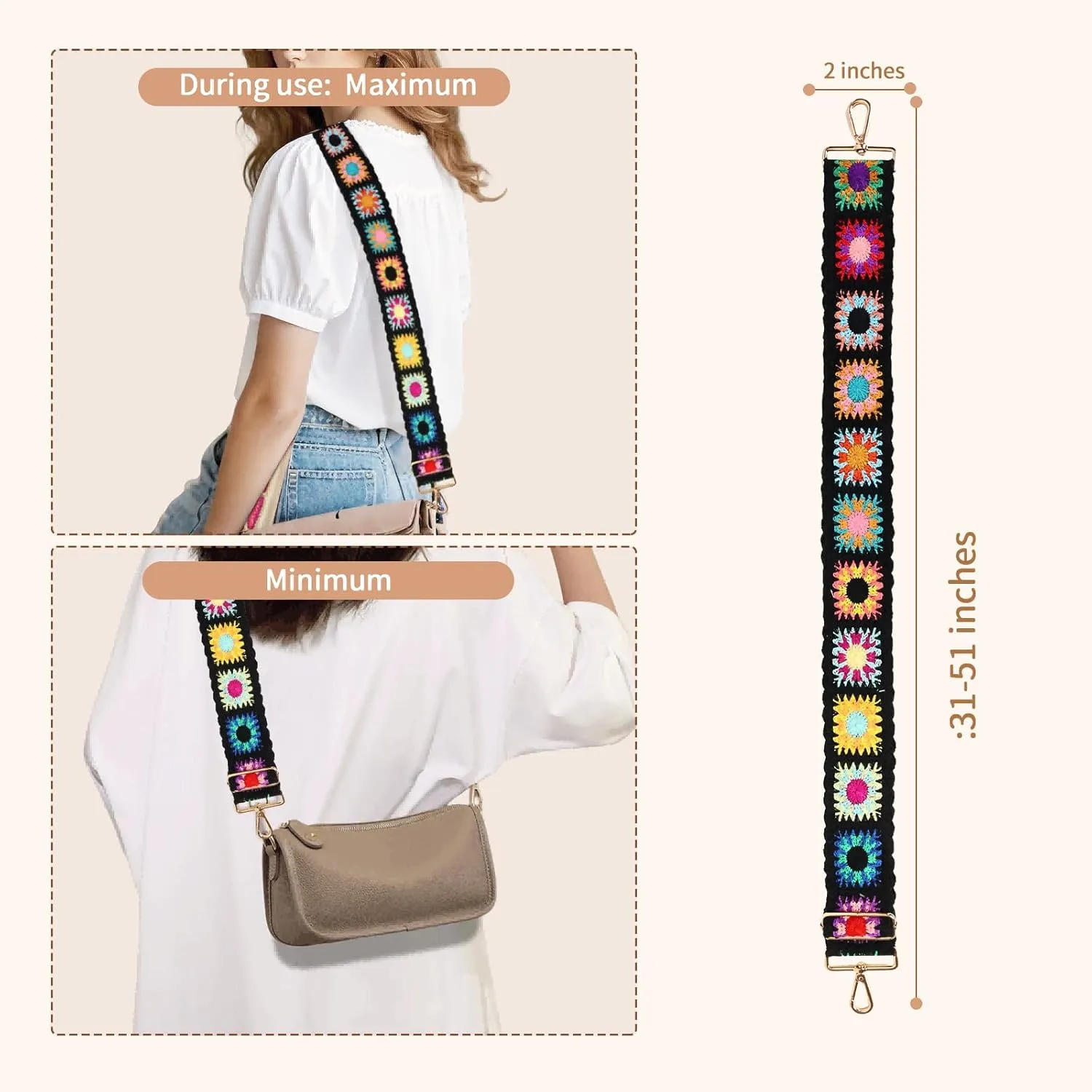 Embroidery Flower Purse Strap Replacement Adjustable 2in Wide Crossbody Shoulder Strap for Handbag Women
