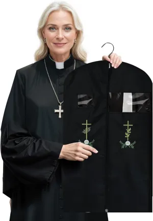 Embroidery Garment Bag for Clergy Shirt Clergy Robe Church Clergy Dress Priest Costume Clergy Attire Pastor Cross Embroidery Storage Bags for Clothes (Black, 47 Inch)