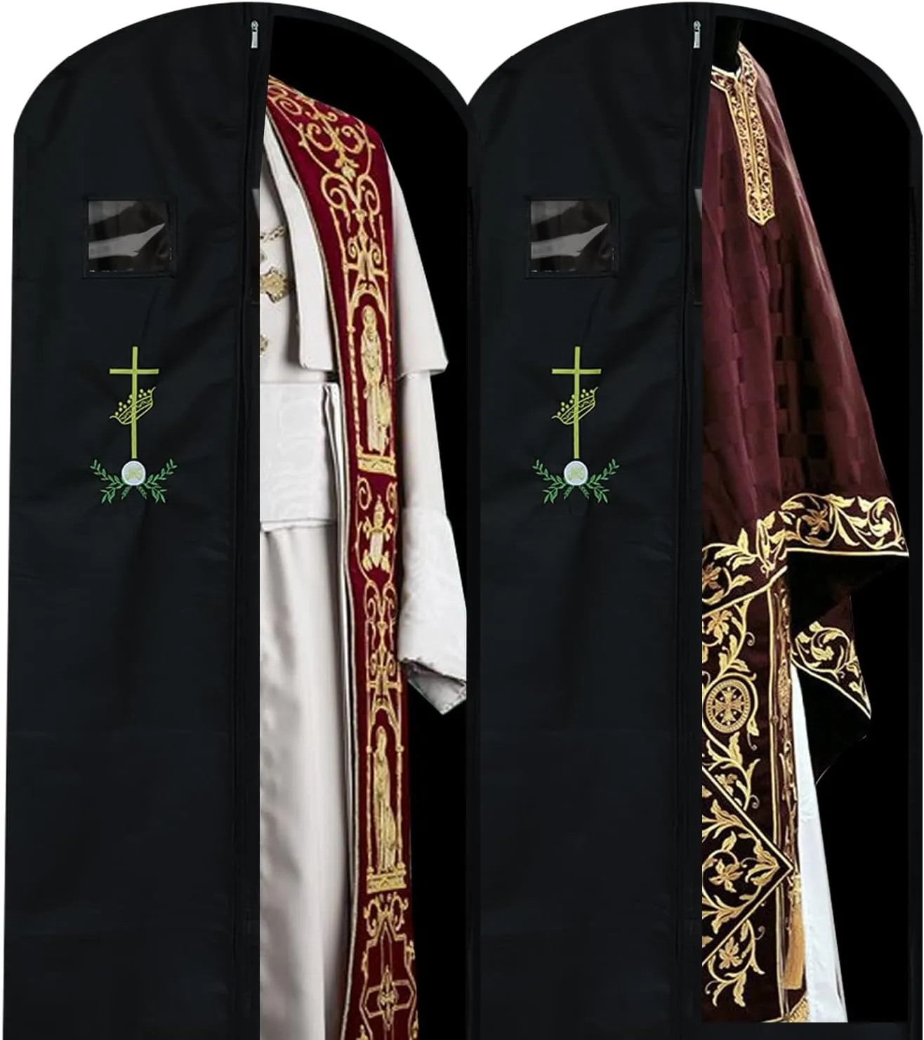 Embroidery Garment Bag for Clergy Shirt Clergy Robe Church Clergy Dress Priest Costume Clergy Attire Pastor Cross Embroidery Storage Bags for Clothes (Black, 60 Inch)
