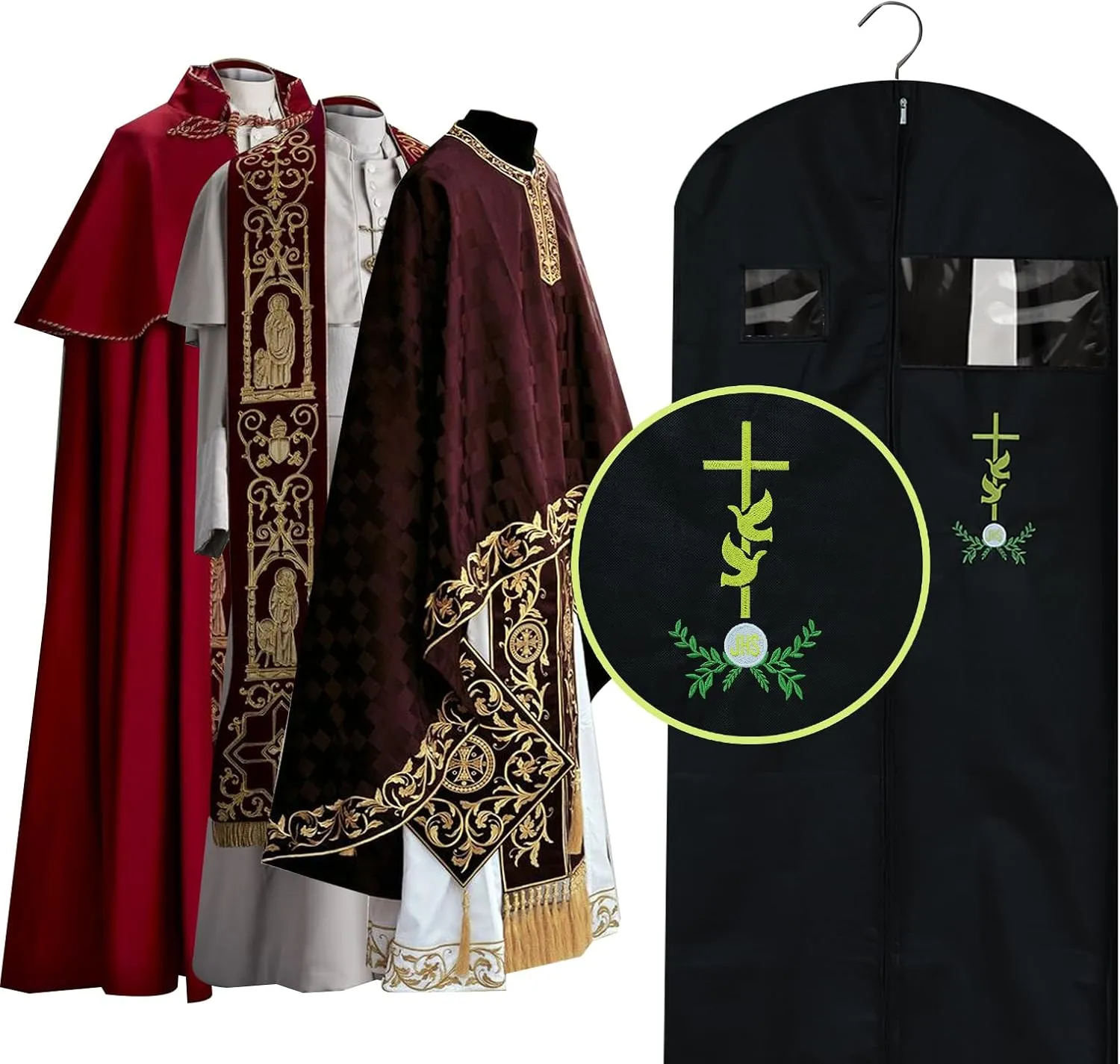 Embroidery Garment Bag for Clergy Shirt Clergy Robe Church Clergy Dress Priest Costume Clergy Attire Pastor Cross Embroidery Storage Bags for Clothes (Black, 60 Inch)