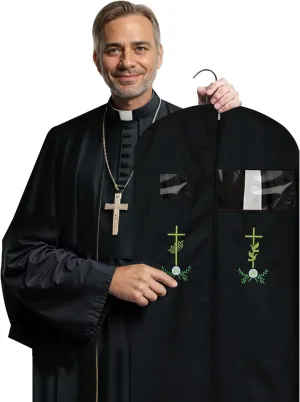 Embroidery Garment Bag for Clergy Shirt Clergy Robe Church Clergy Dress Priest Costume Clergy Attire Pastor Cross Embroidery Storage Bags for Clothes (Black, 60 Inch)