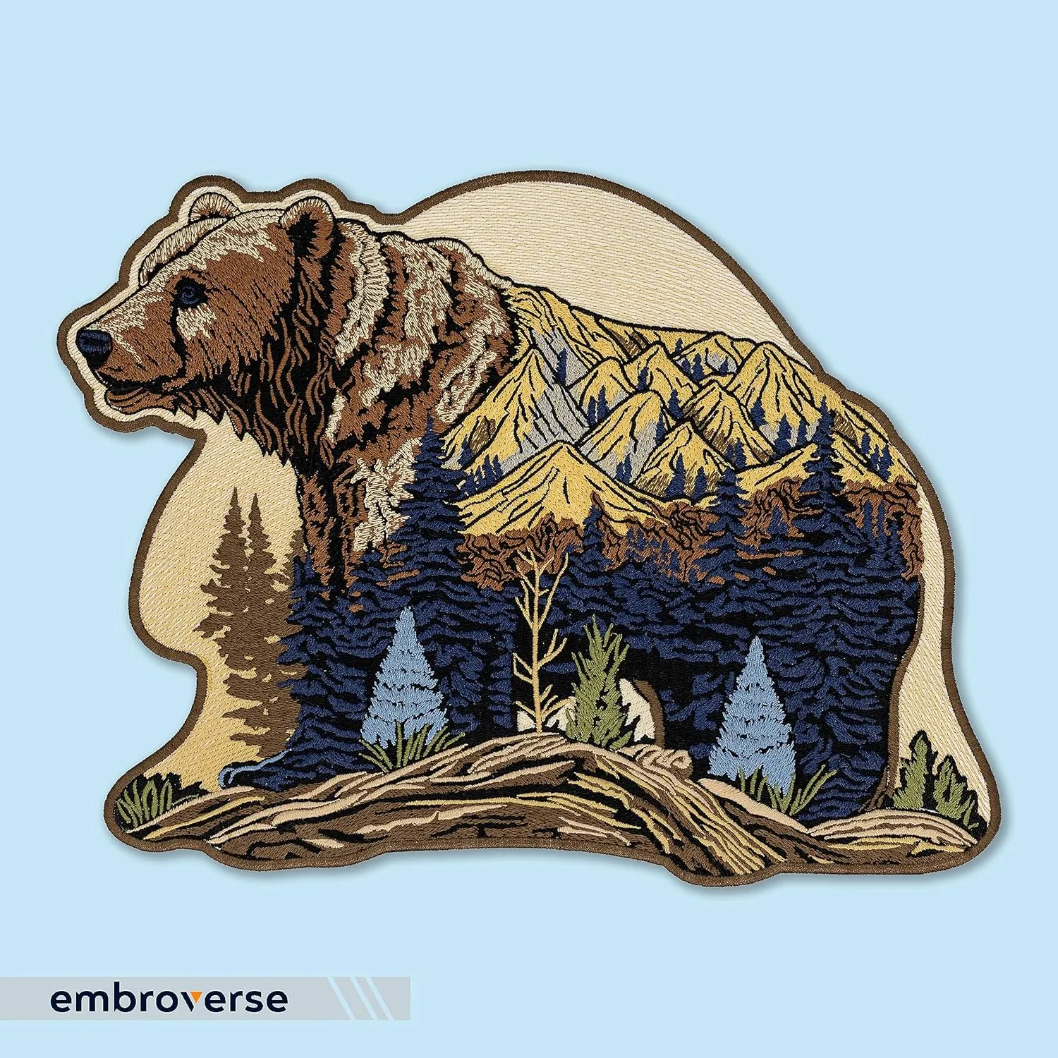 EMBROVERSE Mountain Bear Large Back Patch - Embroidered Iron-On in Wild Nature Style, Perfect for Eco Camping Travel, Premium Denim Jacket Accessory, 11.7 x 8.7 inches