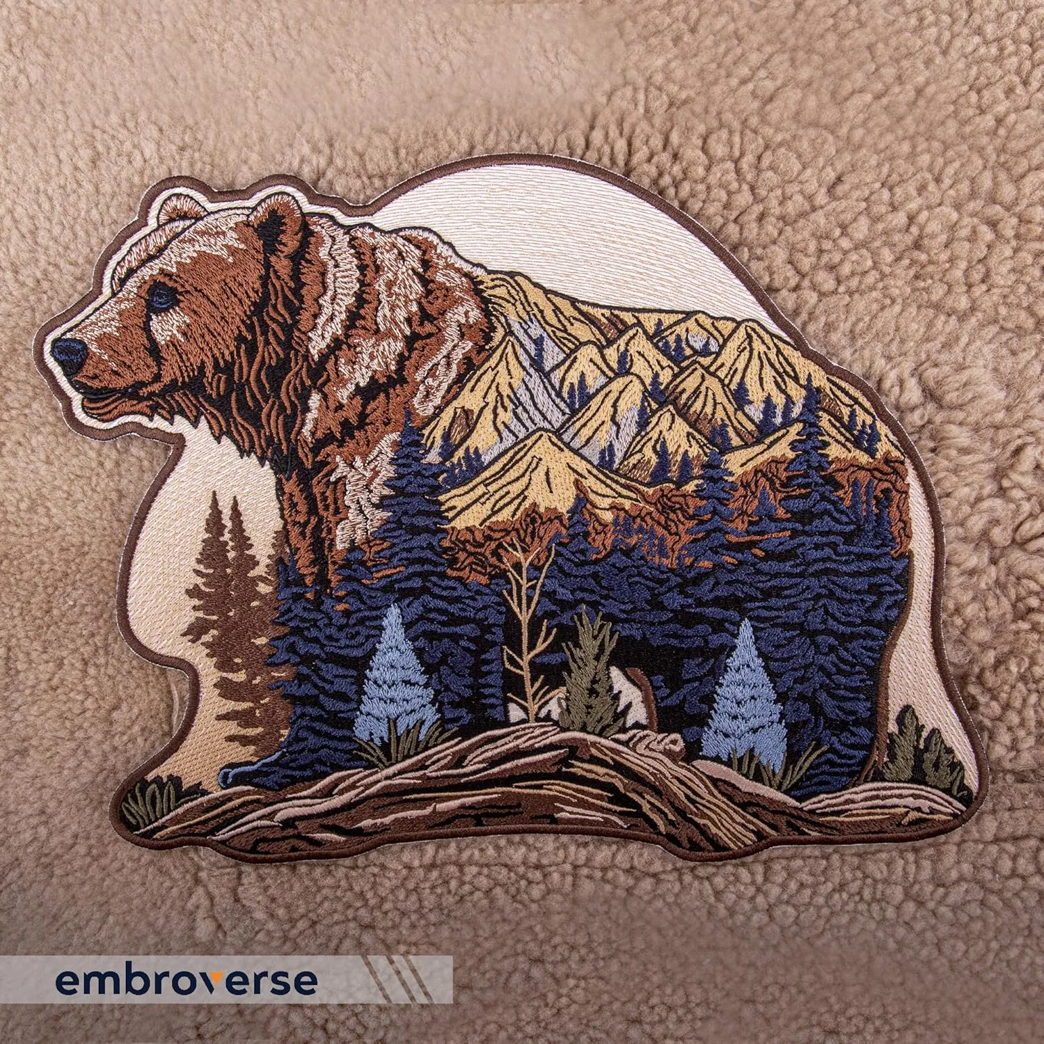 EMBROVERSE Mountain Bear Large Back Patch - Embroidered Iron-On in Wild Nature Style, Perfect for Eco Camping Travel, Premium Denim Jacket Accessory, 11.7 x 8.7 inches
