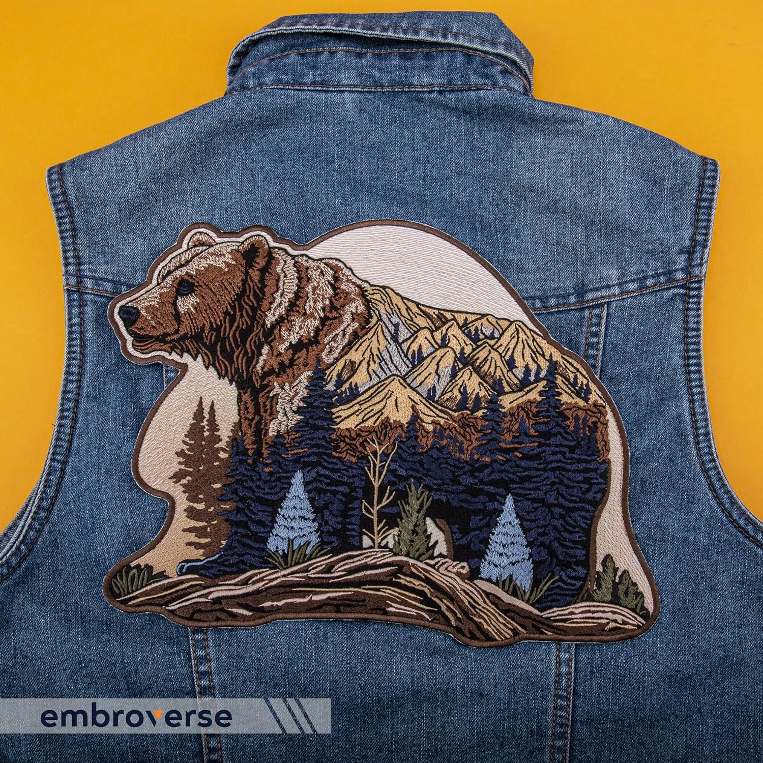 EMBROVERSE Mountain Bear Large Back Patch - Embroidered Iron-On in Wild Nature Style, Perfect for Eco Camping Travel, Premium Denim Jacket Accessory, 11.7 x 8.7 inches