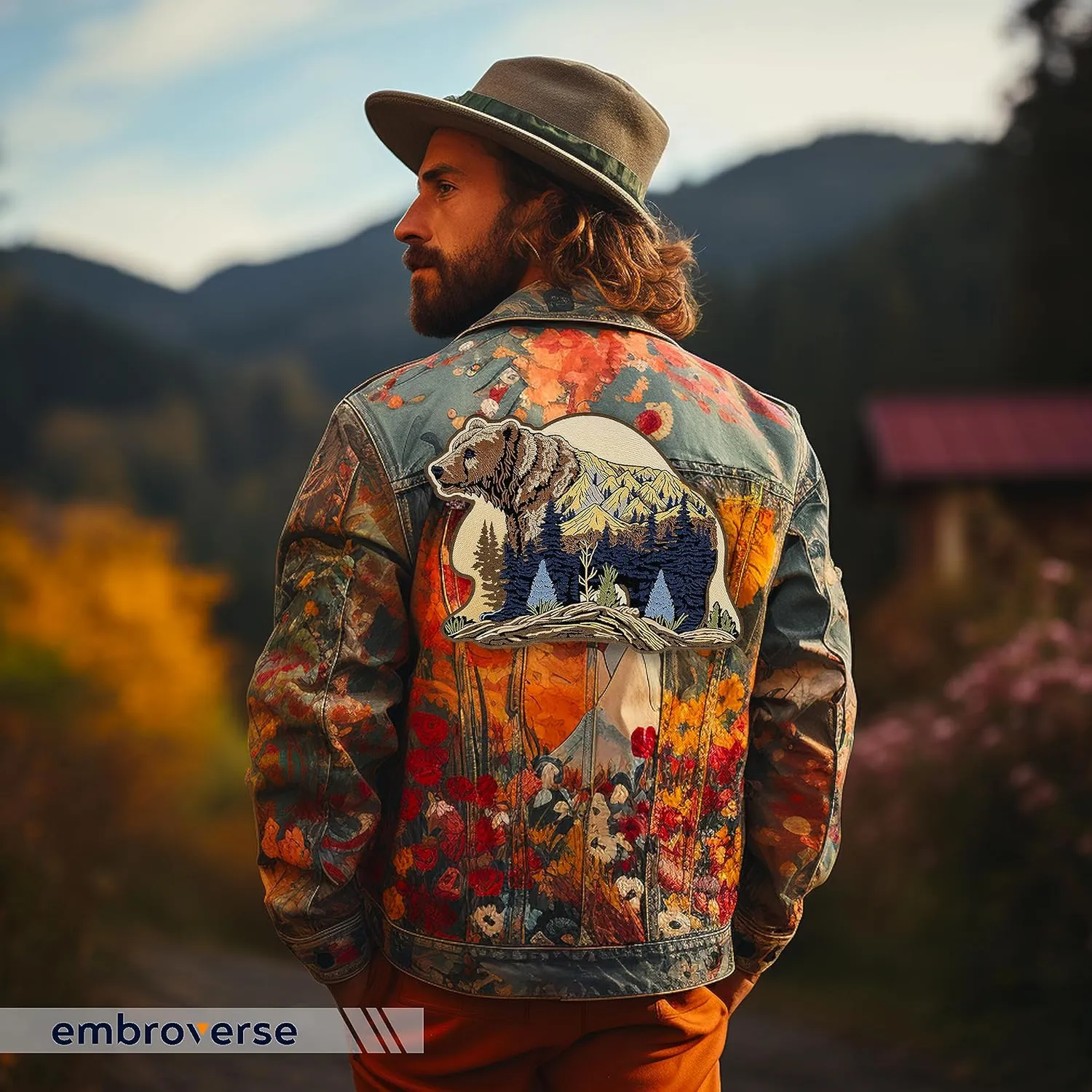 EMBROVERSE Mountain Bear Large Back Patch - Embroidered Iron-On in Wild Nature Style, Perfect for Eco Camping Travel, Premium Denim Jacket Accessory, 11.7 x 8.7 inches
