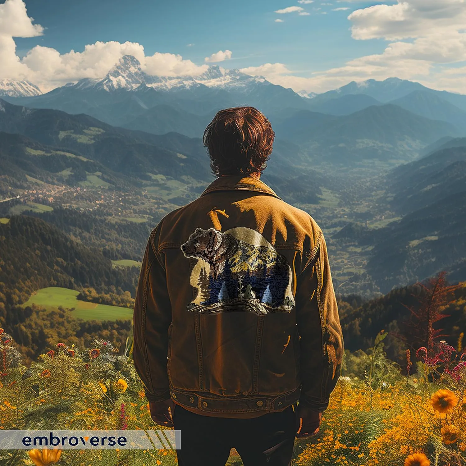 EMBROVERSE Mountain Bear Large Back Patch - Embroidered Iron-On in Wild Nature Style, Perfect for Eco Camping Travel, Premium Denim Jacket Accessory, 11.7 x 8.7 inches