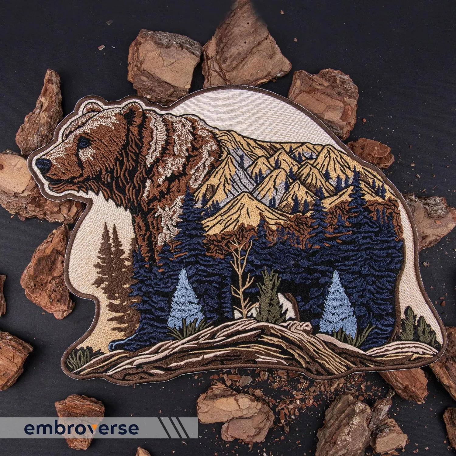 EMBROVERSE Mountain Bear Large Back Patch - Embroidered Iron-On in Wild Nature Style, Perfect for Eco Camping Travel, Premium Denim Jacket Accessory, 11.7 x 8.7 inches