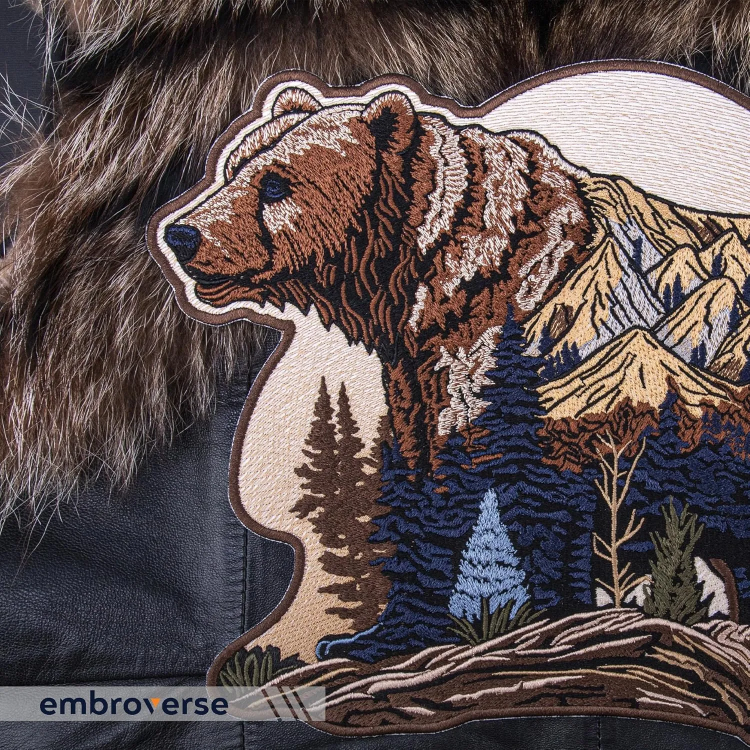 EMBROVERSE Mountain Bear Large Back Patch - Embroidered Iron-On in Wild Nature Style, Perfect for Eco Camping Travel, Premium Denim Jacket Accessory, 11.7 x 8.7 inches