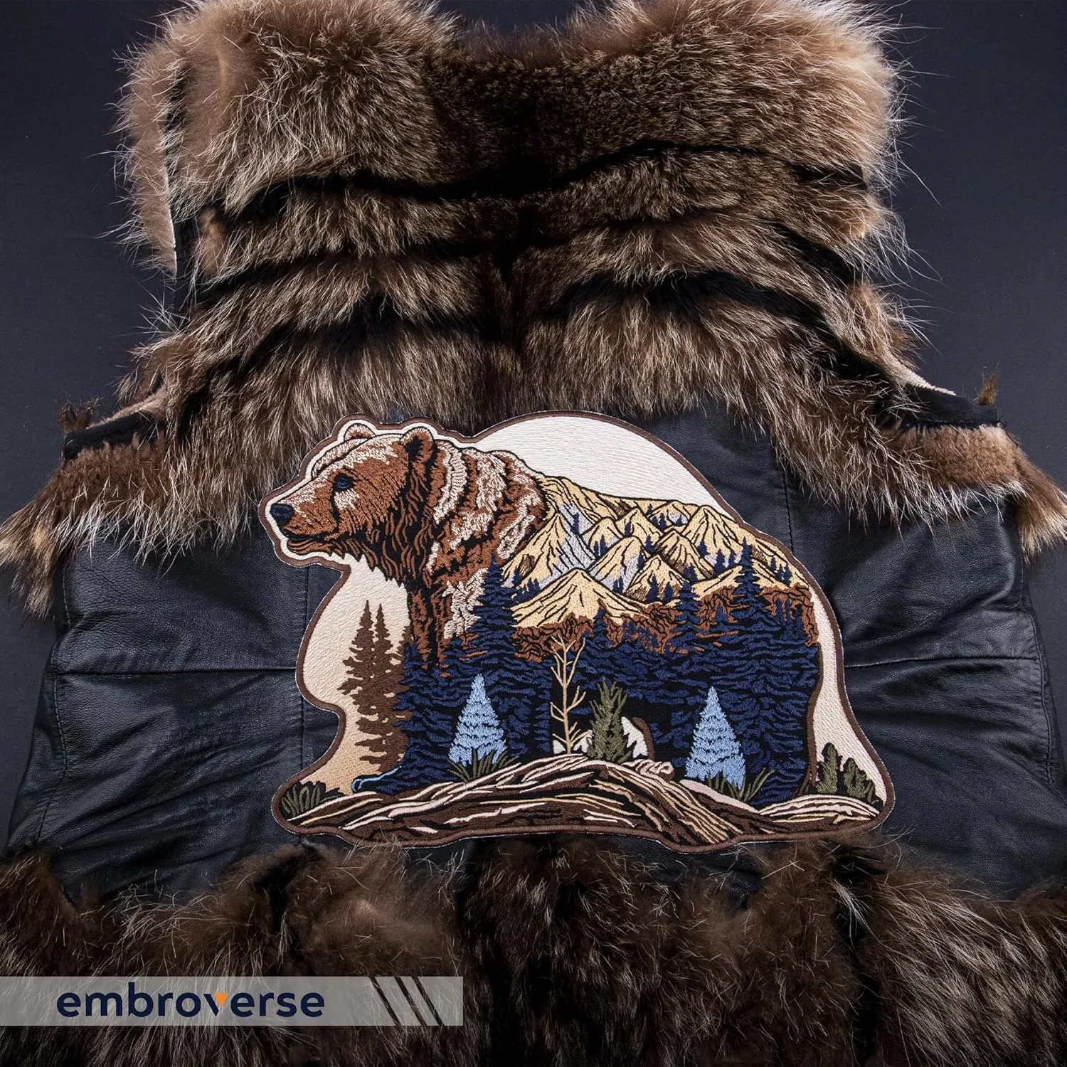 EMBROVERSE Mountain Bear Large Back Patch - Embroidered Iron-On in Wild Nature Style, Perfect for Eco Camping Travel, Premium Denim Jacket Accessory, 11.7 x 8.7 inches