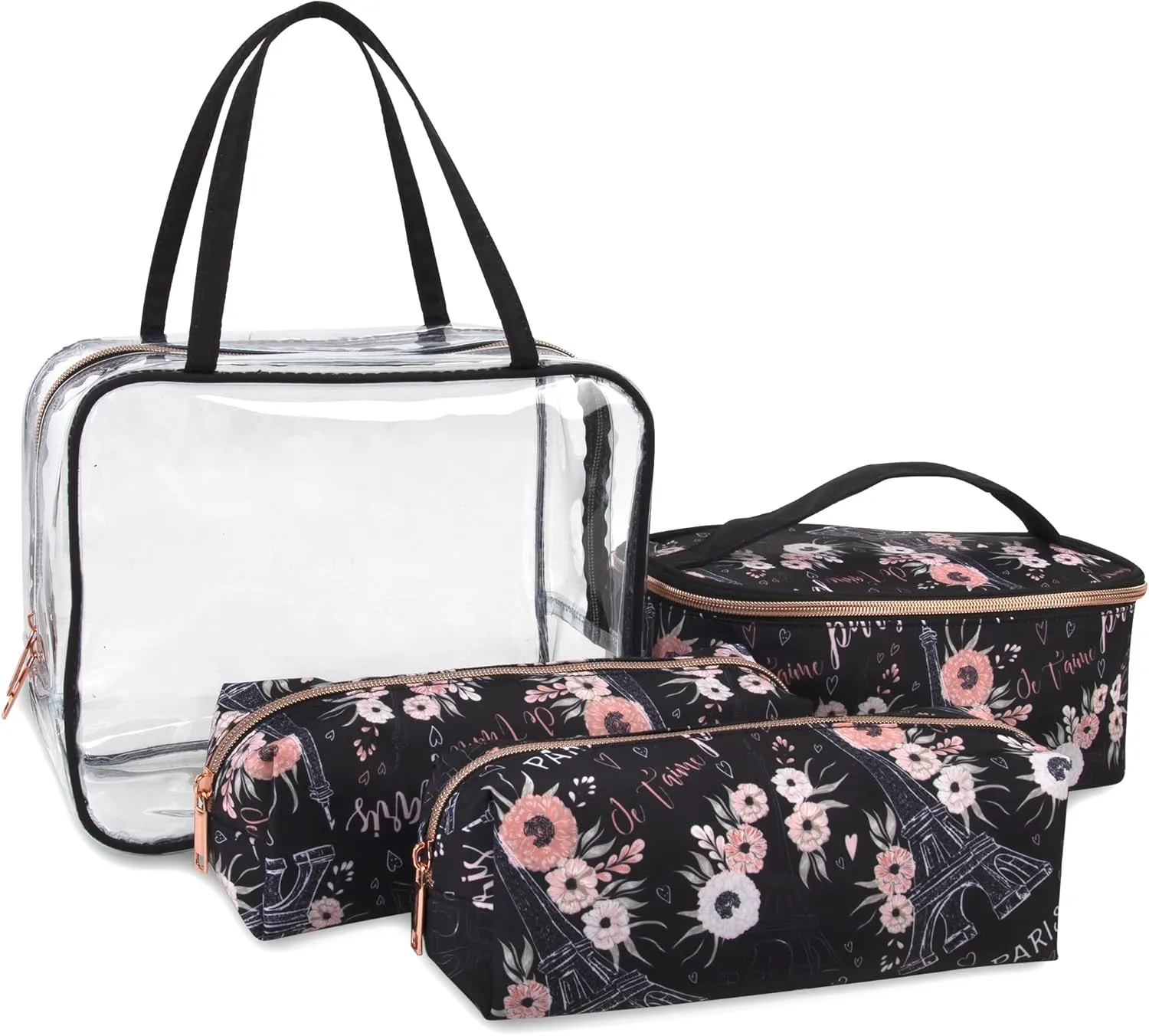 Emma & Chloe 4 Piece Toiletry Bag Set, Waterproof Home, Travel Cosmetic Train Case Makeup Bags for Women with Handle, Zipper – 4 Makeup Bags Set (Paris Je T'aime)