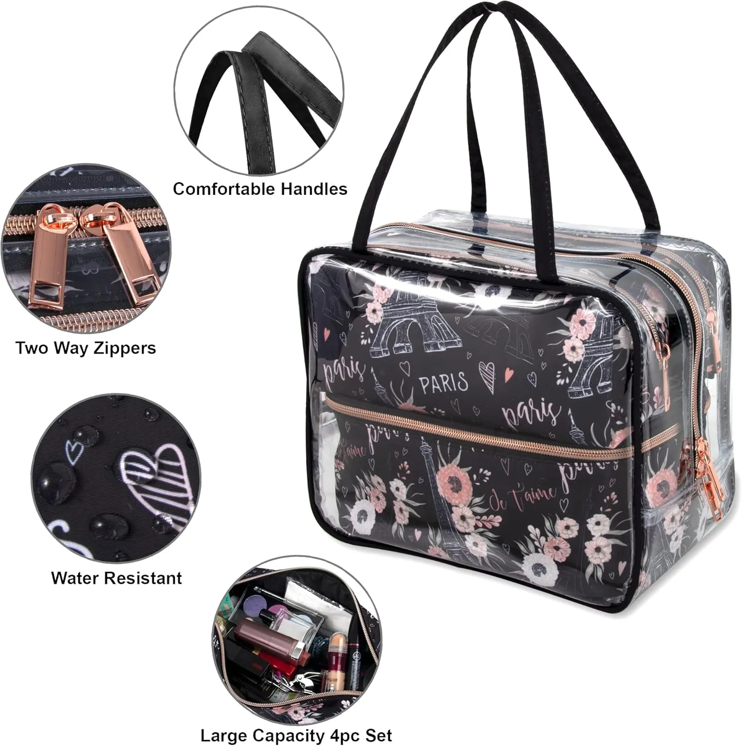 Emma & Chloe 4 Piece Toiletry Bag Set, Waterproof Home, Travel Cosmetic Train Case Makeup Bags for Women with Handle, Zipper – 4 Makeup Bags Set (Paris Je T'aime)