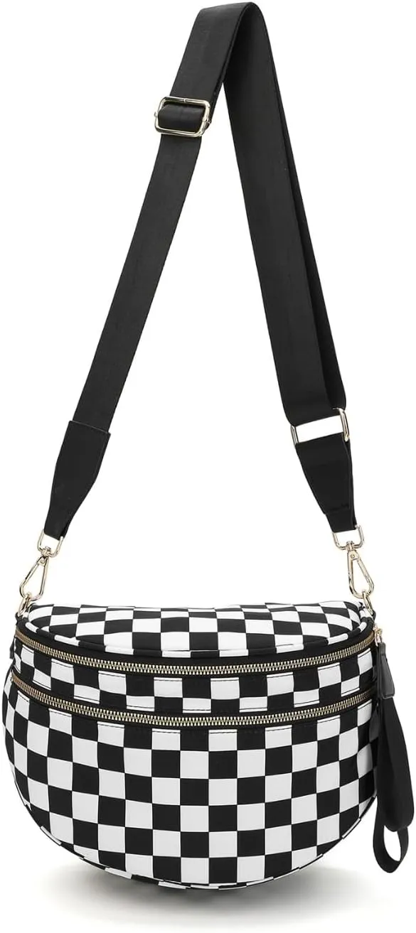 Emmafy GoFree -The RoomiestCrossbody for Women, Roomy Checkered Nylon Purse, Travel Hobo & Bum Bag