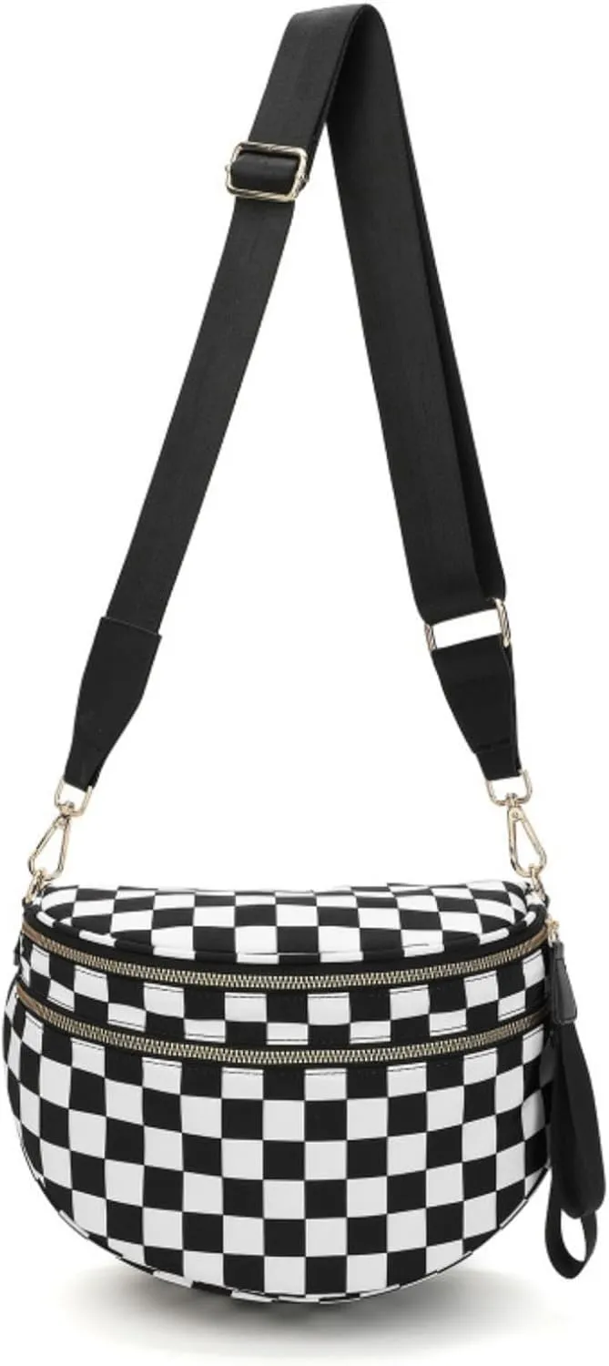 Emmafy GoFree -The RoomiestCrossbody for Women, Roomy Checkered Nylon Purse, Travel Hobo & Bum Bag