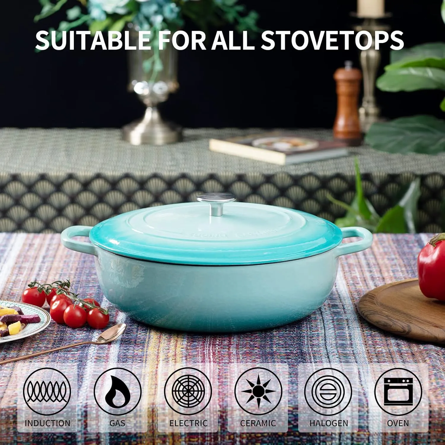 Enameled Cast Iron Dutch Oven Shallow Casserole Braiser with Dual Handle, 3.8 QT, Peacock blue