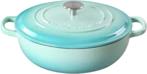 Enameled Cast Iron Dutch Oven Shallow Casserole Braiser with Dual Handle, 3.8 QT, Peacock blue