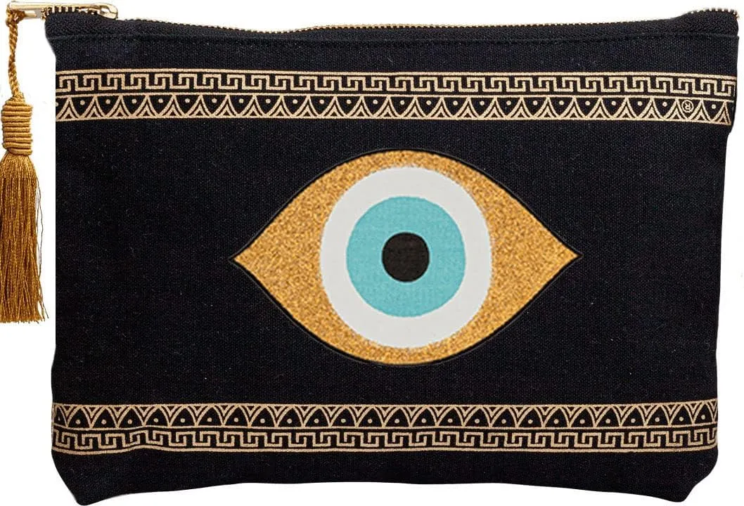 Evil Eye Canvas Small Clutch Handmade Pouch Bag Beach Meander Zipper Gift Bag with Tassel