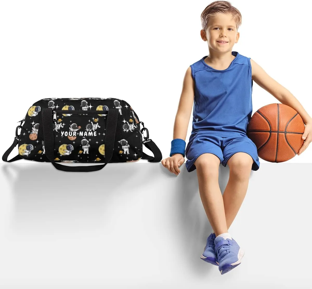 Exploration Astronaut Personalized Kids Duffel Bag for Girls Boys, Space Stars Custom Dance Bag Overnight Small Duffel Bag Carry On Weekend Sports Travel Bag for School Practice Gymnastics Ballet