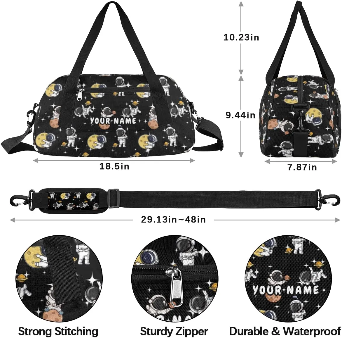 Exploration Astronaut Personalized Kids Duffel Bag for Girls Boys, Space Stars Custom Dance Bag Overnight Small Duffel Bag Carry On Weekend Sports Travel Bag for School Practice Gymnastics Ballet