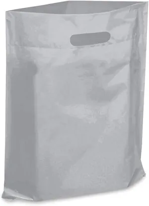 Extra Thick 1.5mil - 50 Glossy Merch Bags, Retail Bags, 12" X 15" with Die Cut Reinforced 3" Fold Over Handle, No Gusset (Silver)