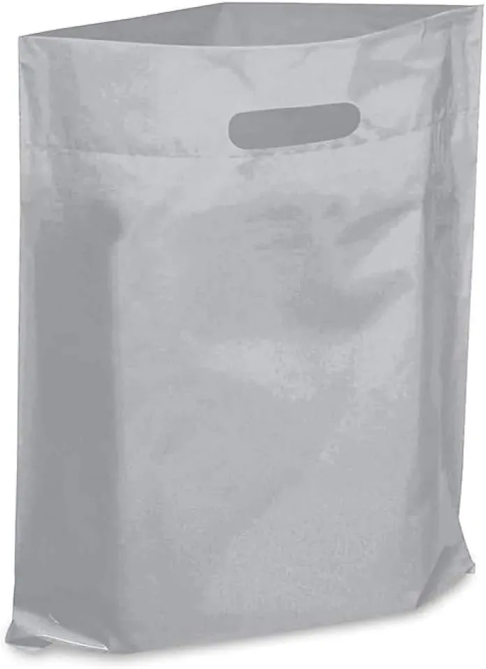 Extra Thick 1.5mil - 50 Glossy Merch Bags, Retail Bags, 12" X 15" with Die Cut Reinforced 3" Fold Over Handle, No Gusset (Silver)