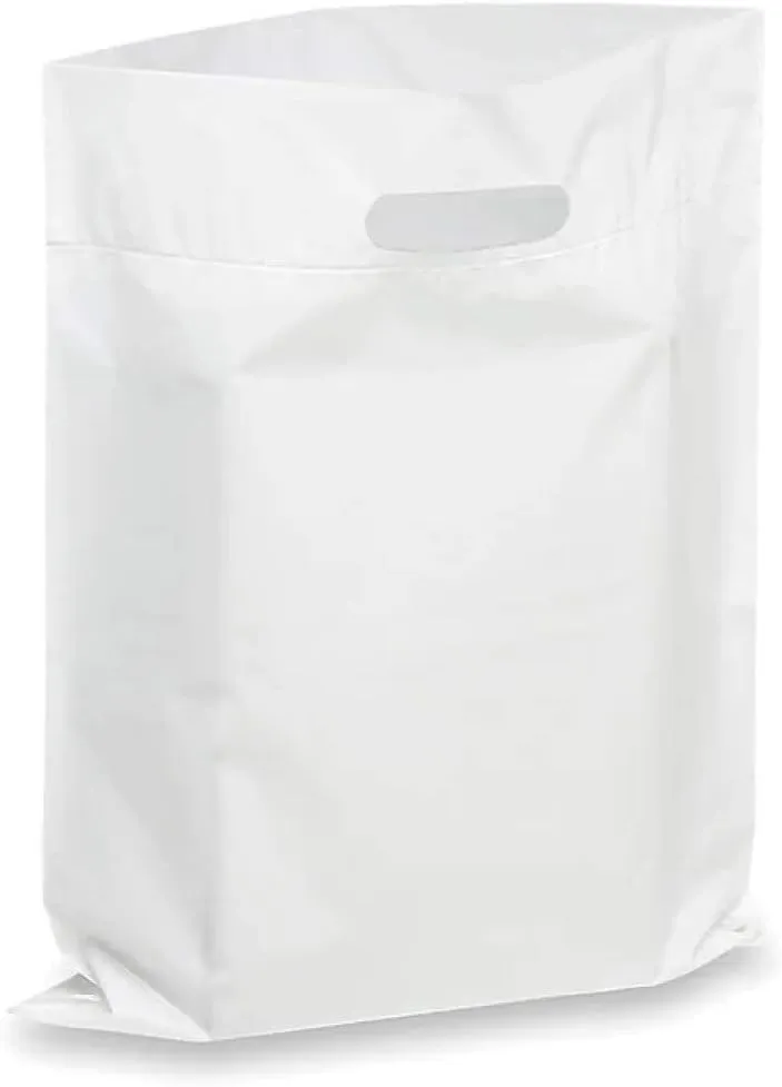 Extra Thick 1.5mil - 50 Glossy Merch Bags, Retail Bags, 12" X 15" with Die Cut Reinforced 3" Fold Over Handle, No Gusset (White)