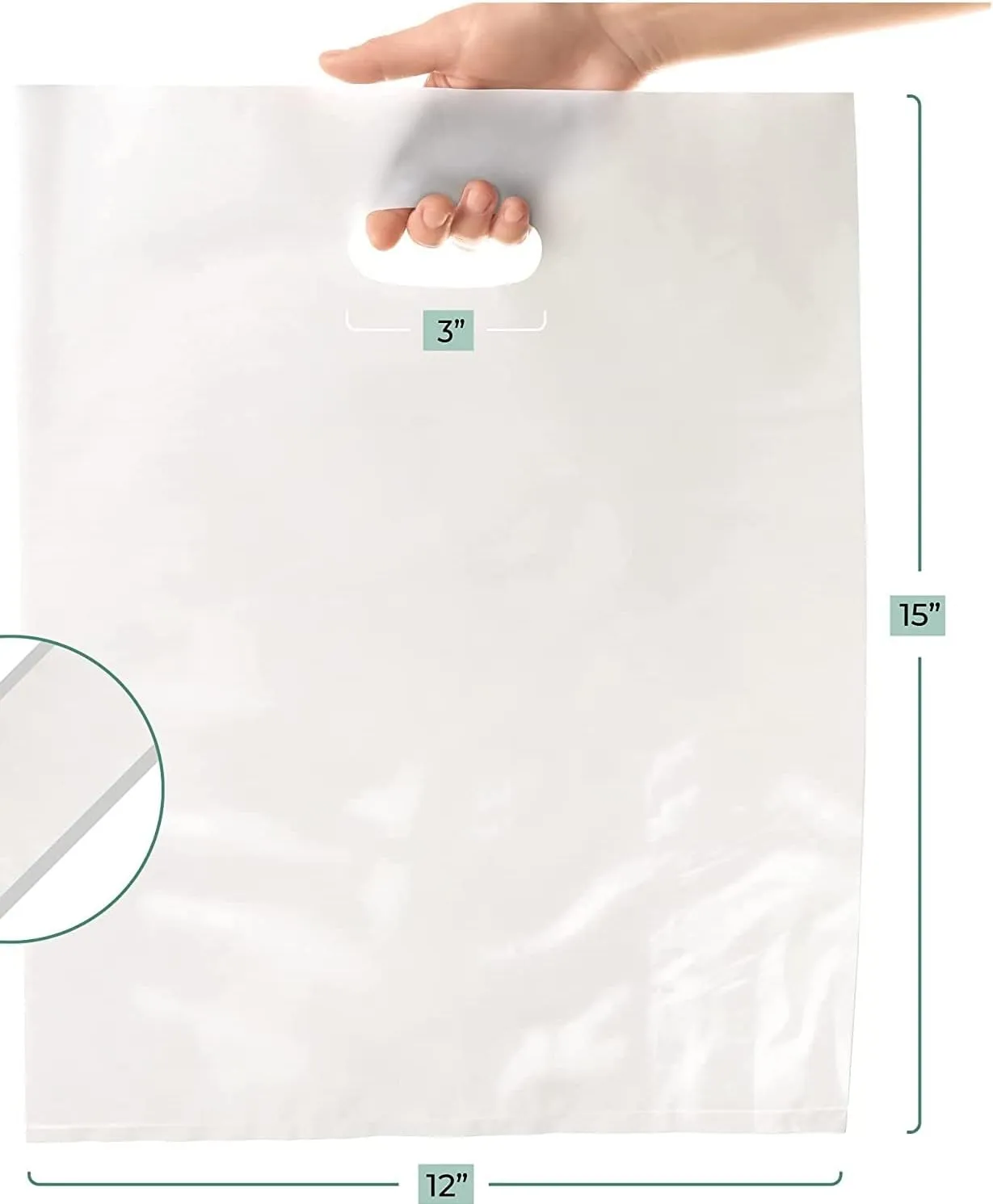 Extra Thick 1.5mil - 50 Glossy Merch Bags, Retail Bags, 12" X 15" with Die Cut Reinforced 3" Fold Over Handle, No Gusset (White)