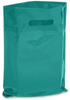 Extra Thick 1.5mil - 50 Glossy Merch Bags, Retail bags, 9" X 12" with Die Cut Reinforced 3" Fold Over Handle, No Gusset (Turquoise)