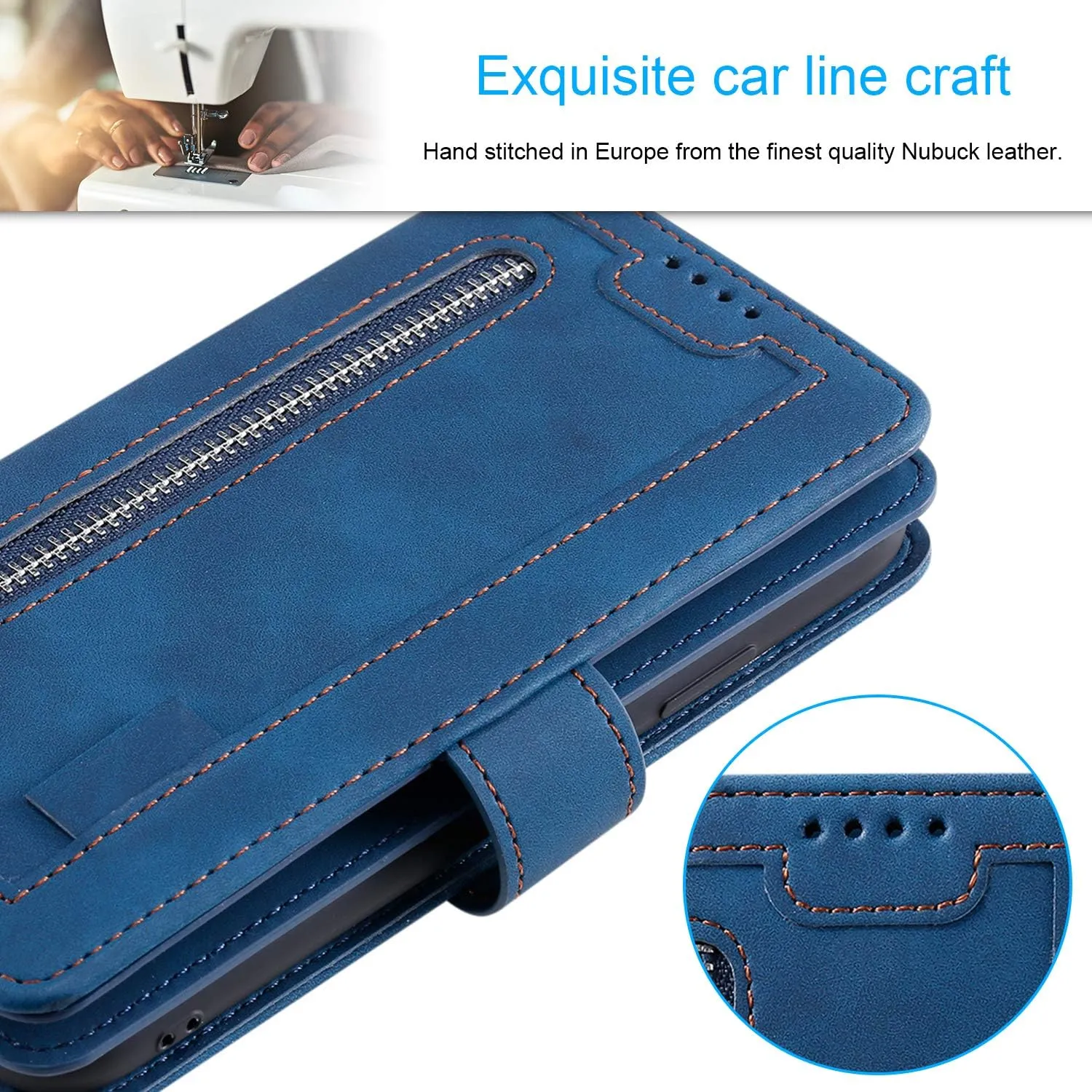 EYZUTAK Wallet Phone Case for Samsung Galaxy A36 5G, Retro Matte 9 Card Holder Slots Zipper Pocket Handbag Case PU Leather Magnetic Closure Kickstand with Wrist Strap Flip Folio Purse Case - Blue