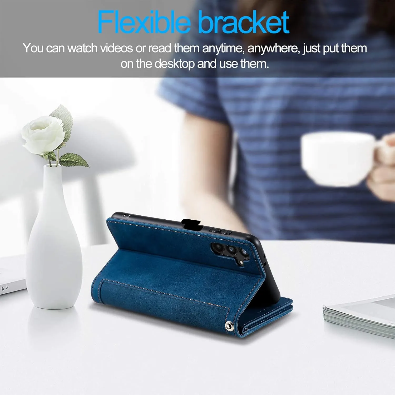 EYZUTAK Wallet Phone Case for Samsung Galaxy A36 5G, Retro Matte 9 Card Holder Slots Zipper Pocket Handbag Case PU Leather Magnetic Closure Kickstand with Wrist Strap Flip Folio Purse Case - Blue