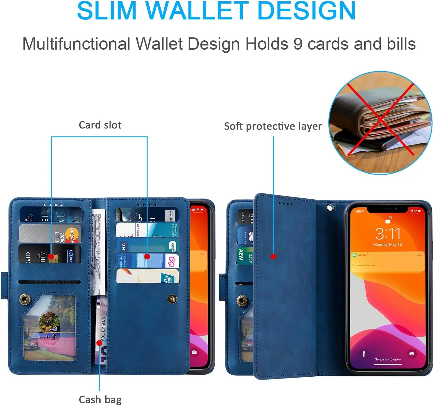 EYZUTAK Wallet Phone Case for Samsung Galaxy A36 5G, Retro Matte 9 Card Holder Slots Zipper Pocket Handbag Case PU Leather Magnetic Closure Kickstand with Wrist Strap Flip Folio Purse Case - Blue