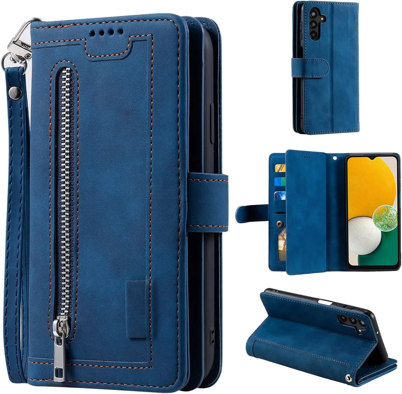 EYZUTAK Wallet Phone Case for Samsung Galaxy A36 5G, Retro Matte 9 Card Holder Slots Zipper Pocket Handbag Case PU Leather Magnetic Closure Kickstand with Wrist Strap Flip Folio Purse Case - Blue