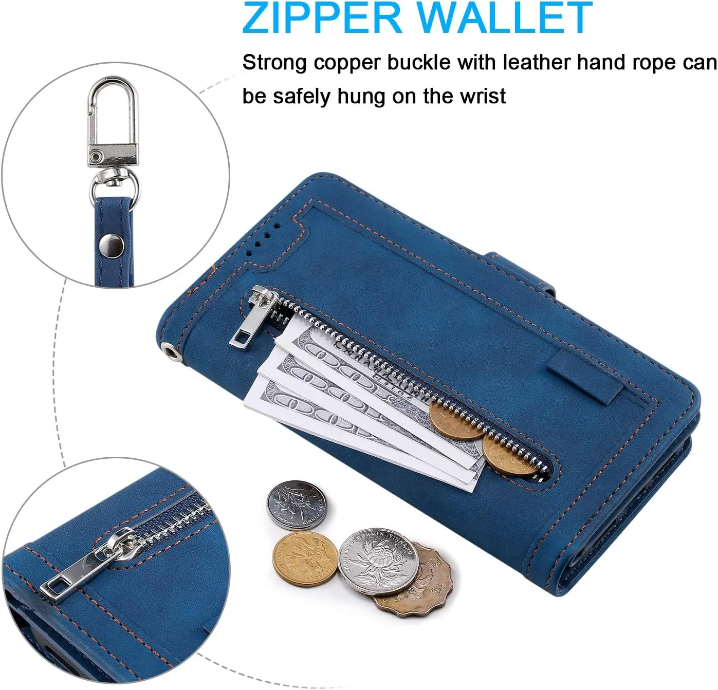 EYZUTAK Wallet Phone Case for Samsung Galaxy A36 5G, Retro Matte 9 Card Holder Slots Zipper Pocket Handbag Case PU Leather Magnetic Closure Kickstand with Wrist Strap Flip Folio Purse Case - Blue
