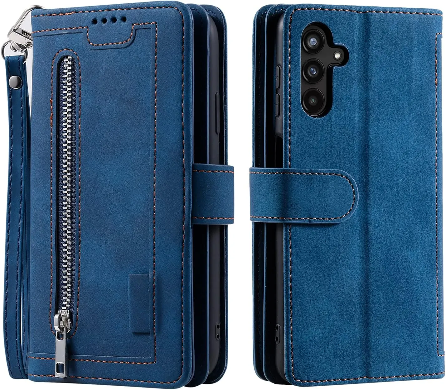 EYZUTAK Wallet Phone Case for Samsung Galaxy A36 5G, Retro Matte 9 Card Holder Slots Zipper Pocket Handbag Case PU Leather Magnetic Closure Kickstand with Wrist Strap Flip Folio Purse Case - Blue