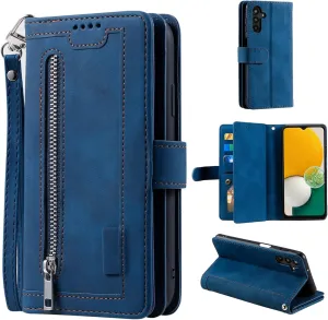 EYZUTAK Wallet Phone Case for Samsung Galaxy A36 5G, Retro Matte 9 Card Holder Slots Zipper Pocket Handbag Case PU Leather Magnetic Closure Kickstand with Wrist Strap Flip Folio Purse Case - Blue