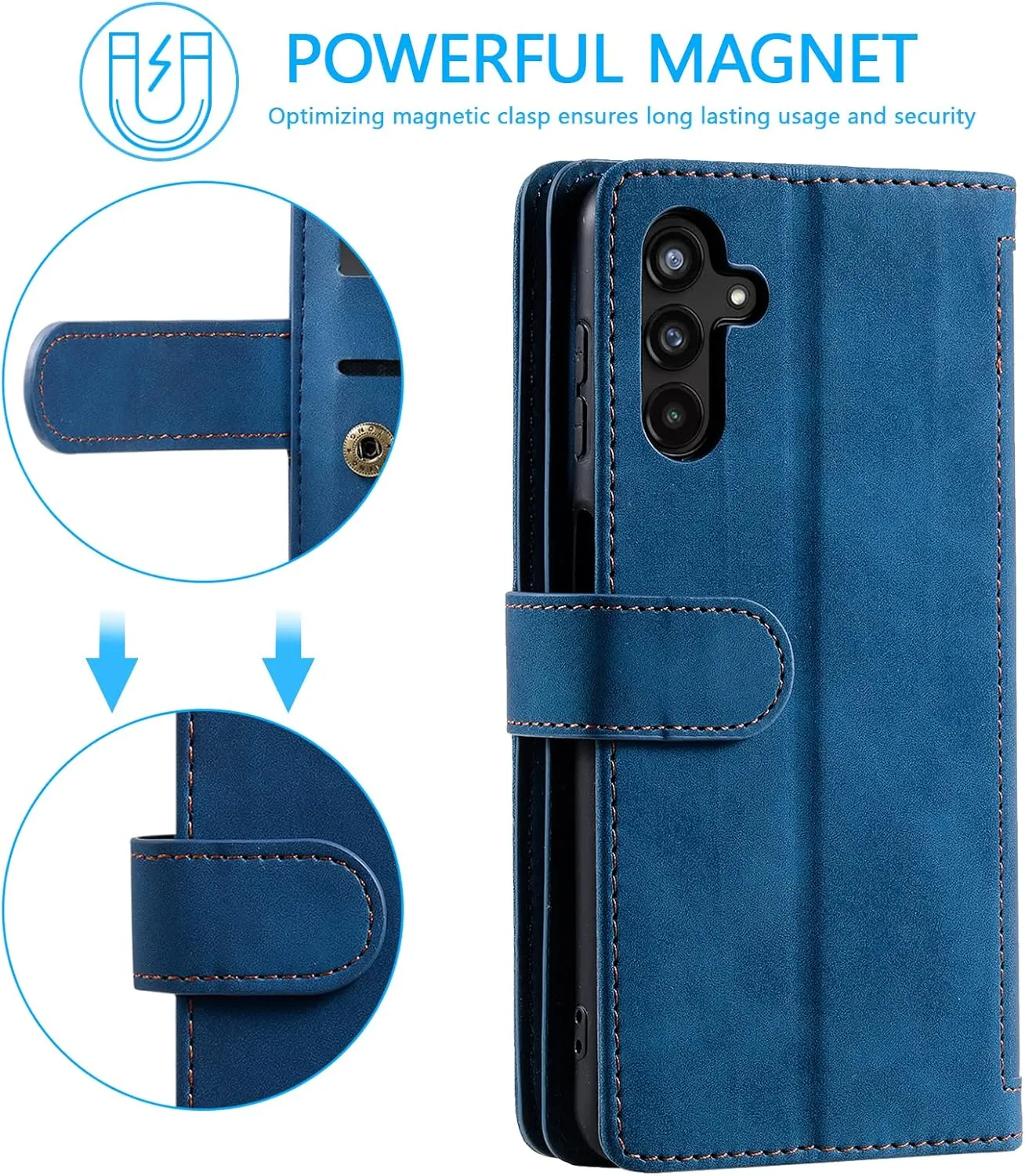 EYZUTAK Wallet Phone Case for Samsung Galaxy A36 5G, Retro Matte 9 Card Holder Slots Zipper Pocket Handbag Case PU Leather Magnetic Closure Kickstand with Wrist Strap Flip Folio Purse Case - Blue