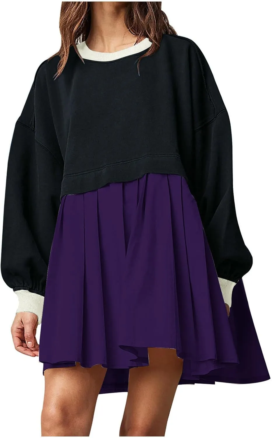 Fall Dress for Women 2024 Cute Color Block Long Sleeve Crewneck Sweatshirt Dresses Causal Fashion Ruffle Mini Dress