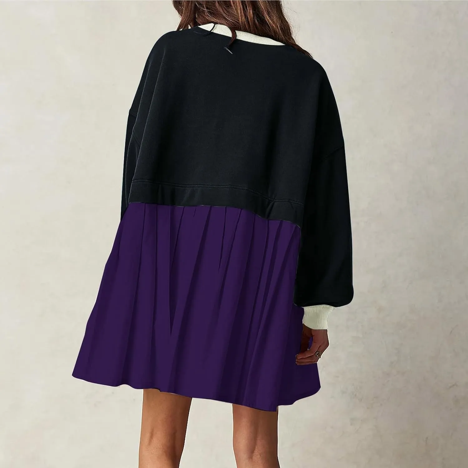 Fall Dress for Women 2024 Cute Color Block Long Sleeve Crewneck Sweatshirt Dresses Causal Fashion Ruffle Mini Dress