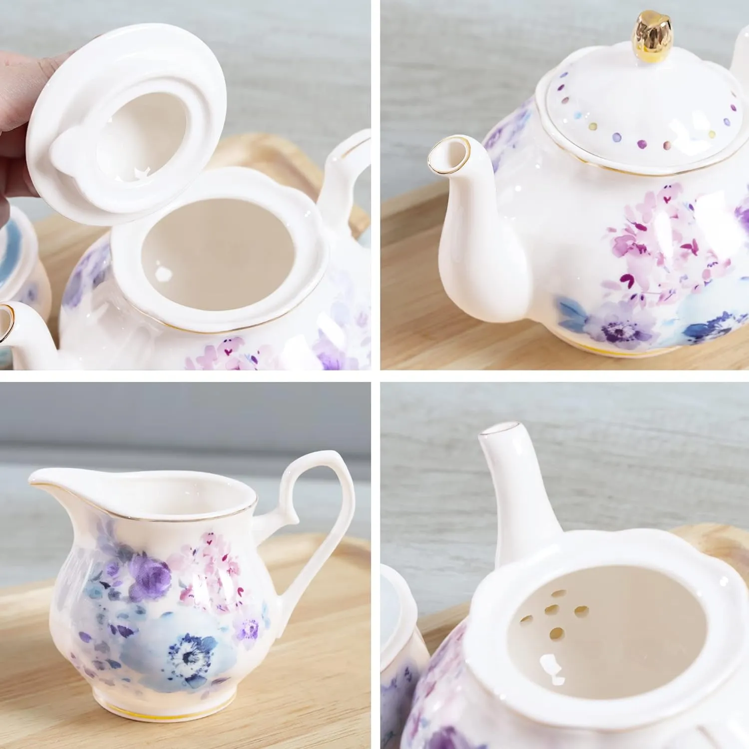 fanquare Floral Porcelain Tea Set, Elegant Blue Coffee Set, Modern Tea Service for 6, Tea Party Set for Birthday, Wedding